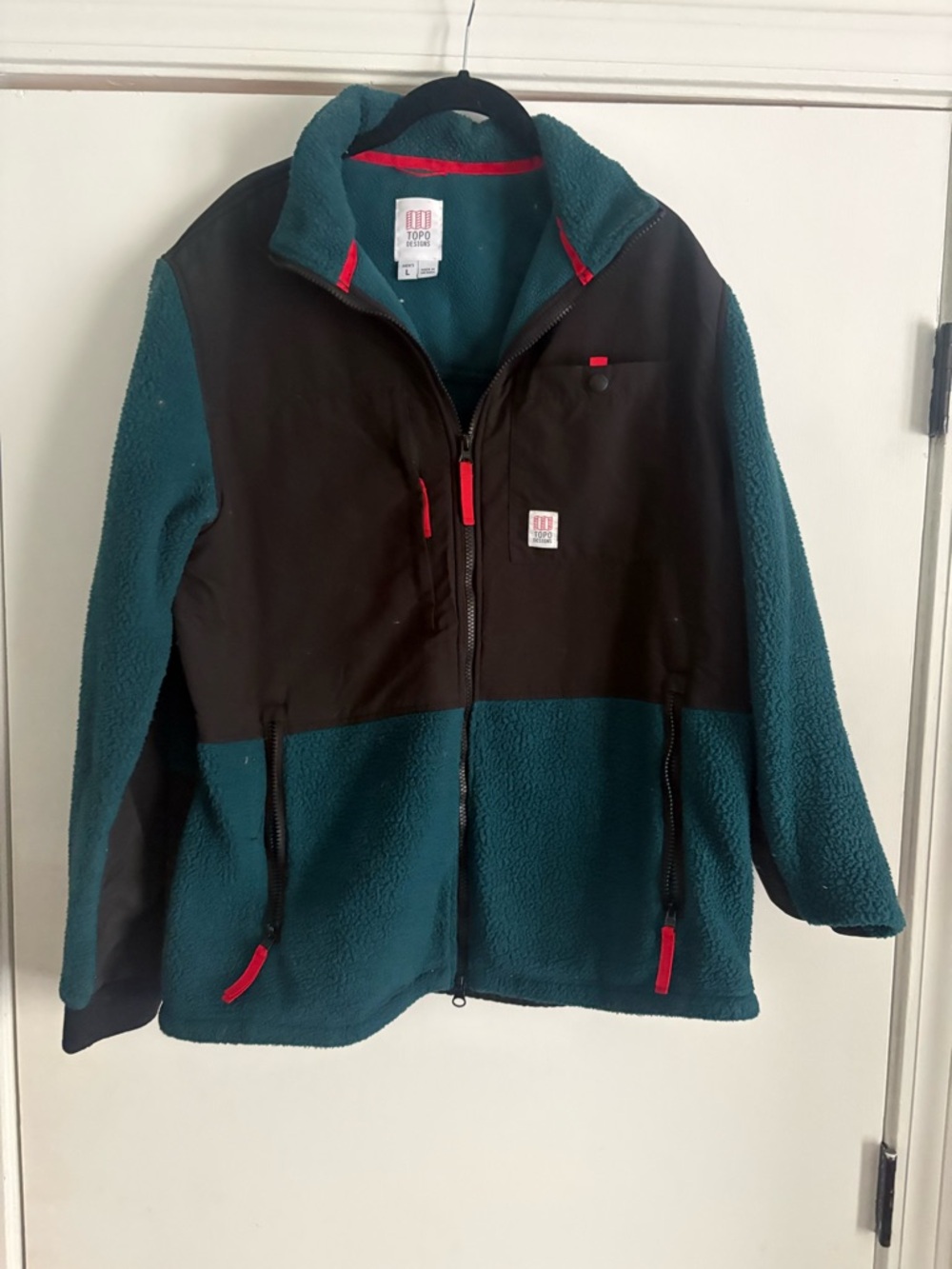 Topo Designs Teal and Black Sherpa Puffer Jacket with Red Accents